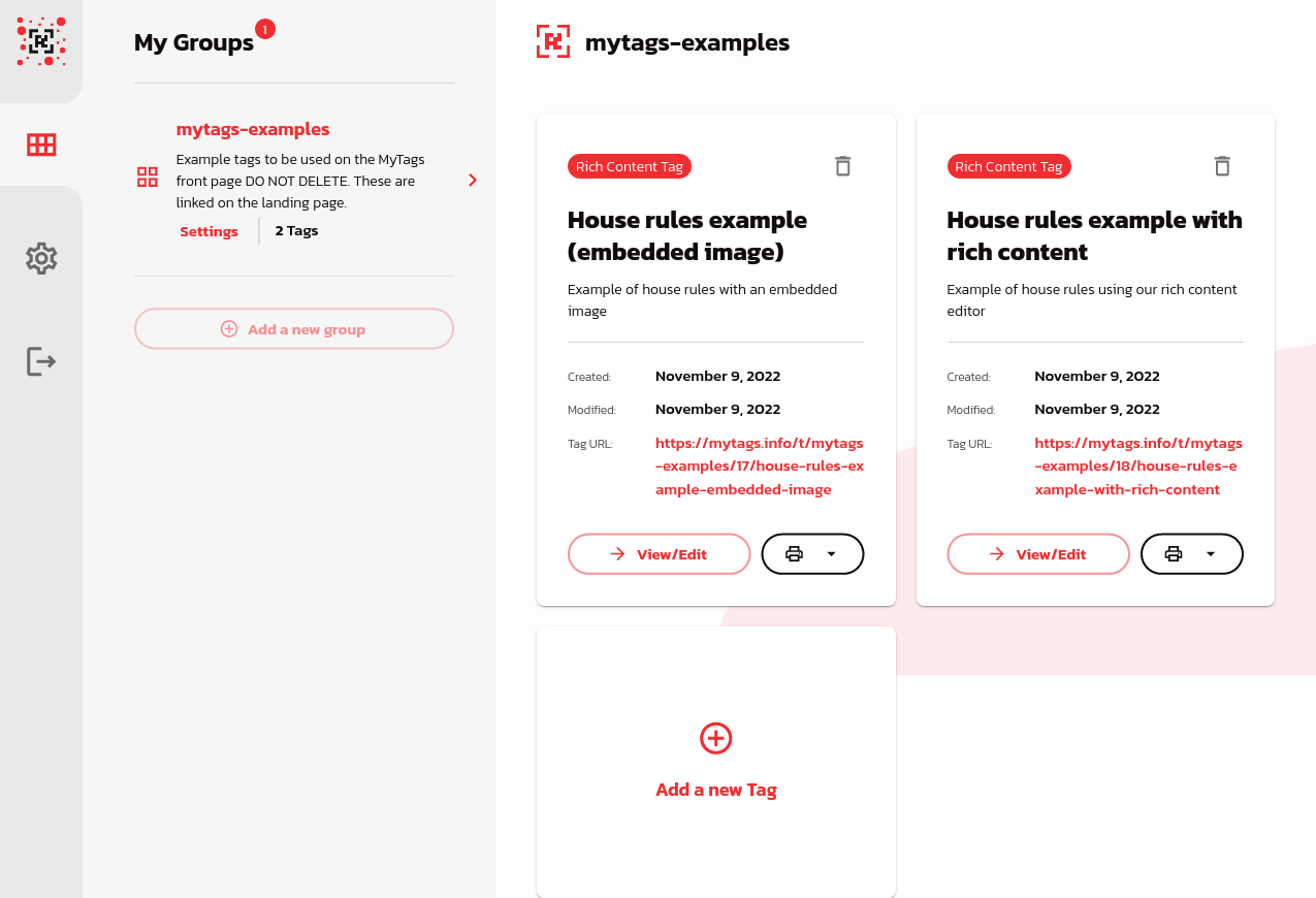 MyTags dashboard